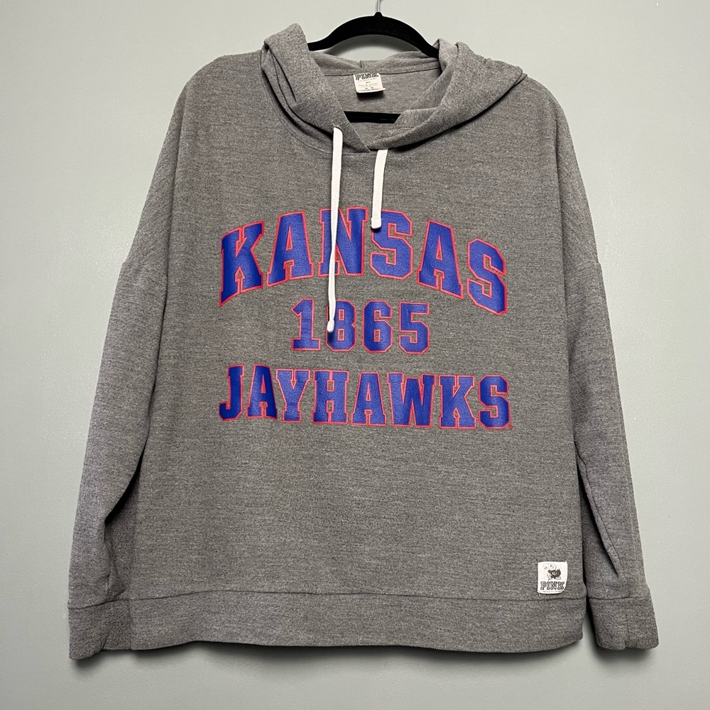 KU Kansas Jayhawks PINK Victoria’s Secret Gray Collegiate Hoodie Women’s Size M